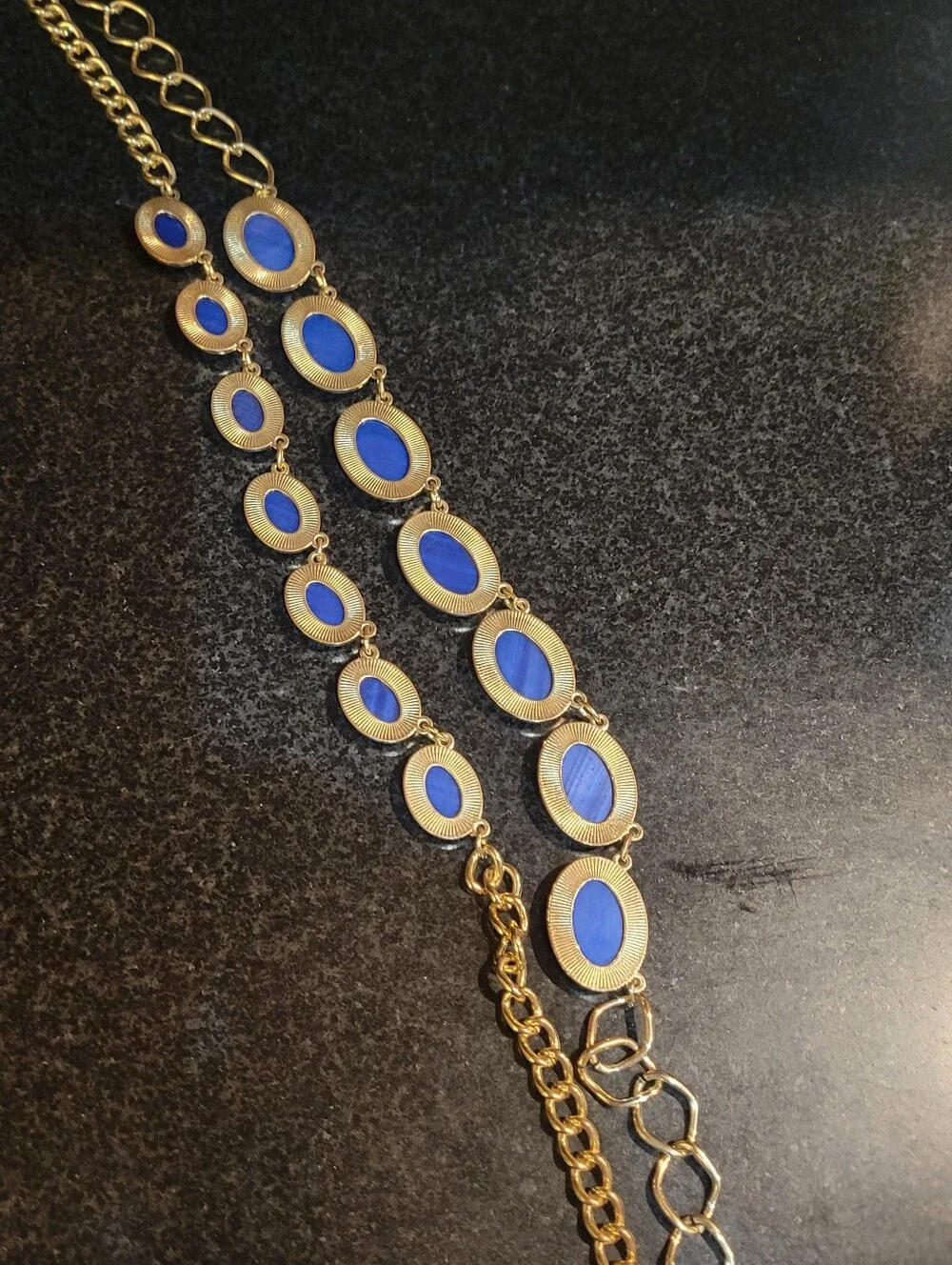 Gold Tone Cobalt Blue Oval Gemstone Layered Necklace Vintage Retro